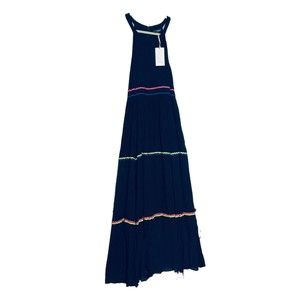 Modcloth Blue Tiered Max Dress Womens Size 8 High Neck Crinkled Scalloped Ribbon